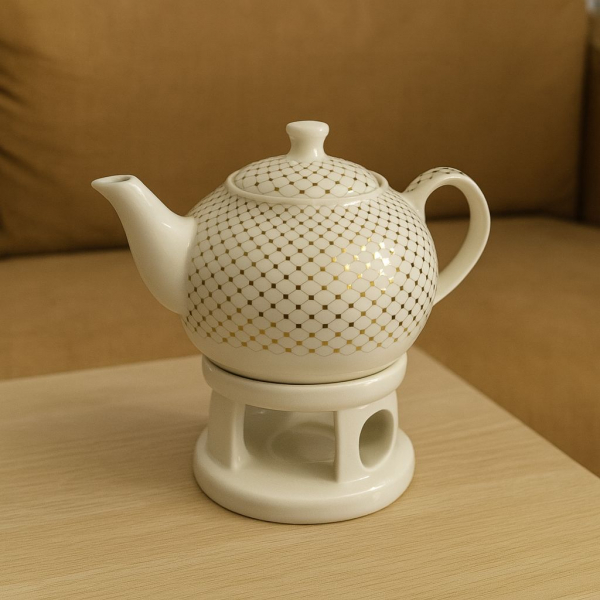 Porcelánový čajník, svetlý, so zlatými bodkami, 1000 ml