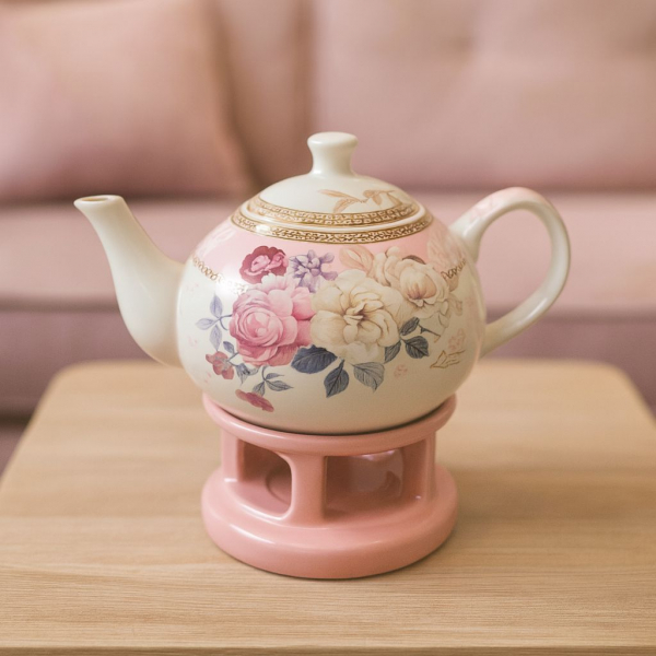 Porcelánový čajník, svetlý, kvetinový dekor, 1000 ml