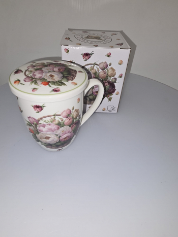 Šálka, svetlá, kvetinová - ružičky, s vrchnákom