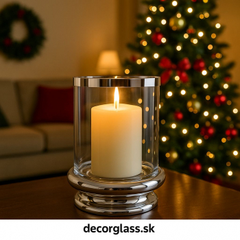 Sklenený svietnik so strieborným dekorom, 26 cm
