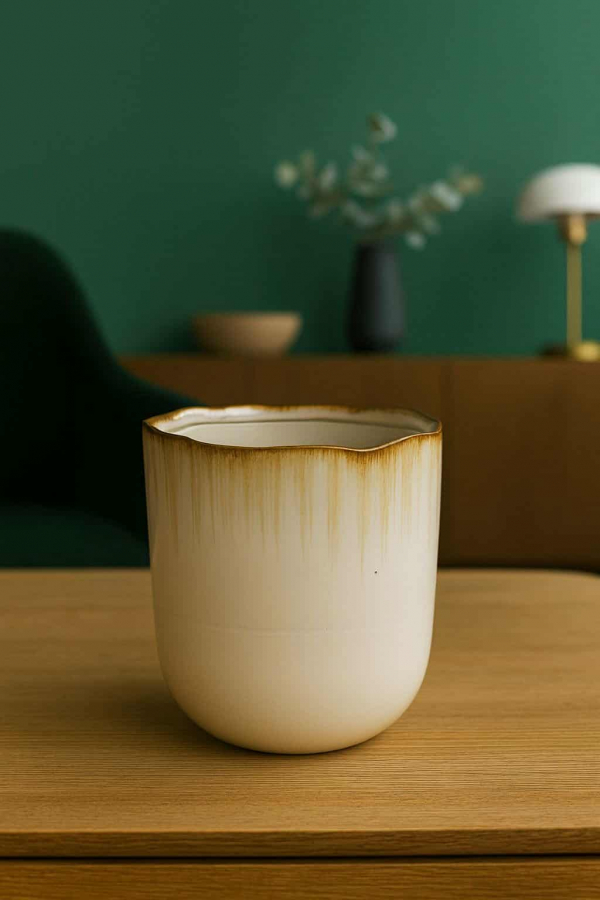 Keramický obal glazúrovaný, biely so zlatým lemom, 16x14 cm