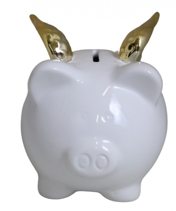 Pokladnička, prasiatko, biele so zlatým dekorom, 12x10x11 cm