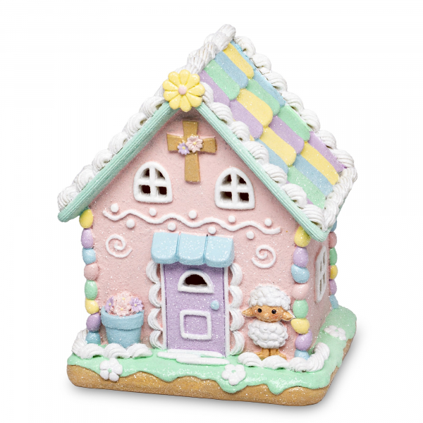 Domček LED, perníkový, farebný, 16x13x10 cm