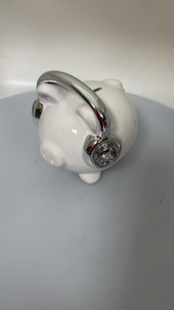 Pokladnička, prasiatko, biela so striebornými slúchatkami, 14x14x15 cm