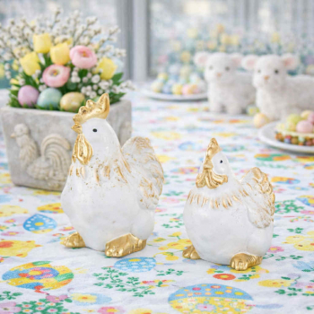 Figúrky, sliepka a kohút, bielo - zlaté, 2 ks v sade