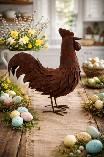 Figúrka kohút, plechový, hnedý - hrdzavý, 37x13x39 cm