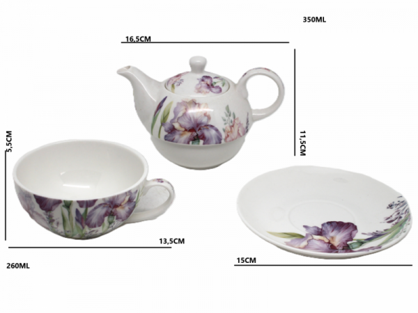 Šálka s podšálkou a čajníkom TEA FOR ONE, dekorovaný, kvetinový