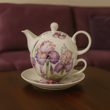 Šálka s podšálkou a čajníkom TEA FOR ONE, dekorovaný, kvetinový