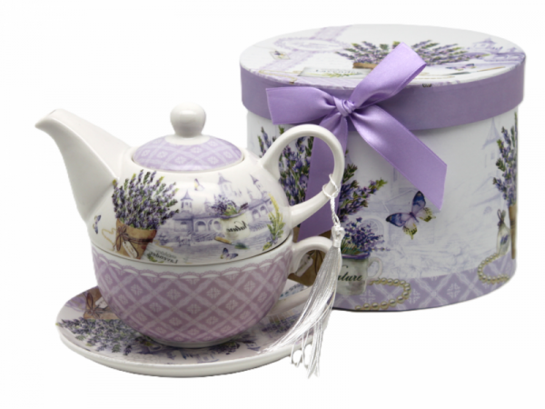 Šálka s podšálkou a čajníkom TEA FOR ONE, dekorovaný, LAVANDA