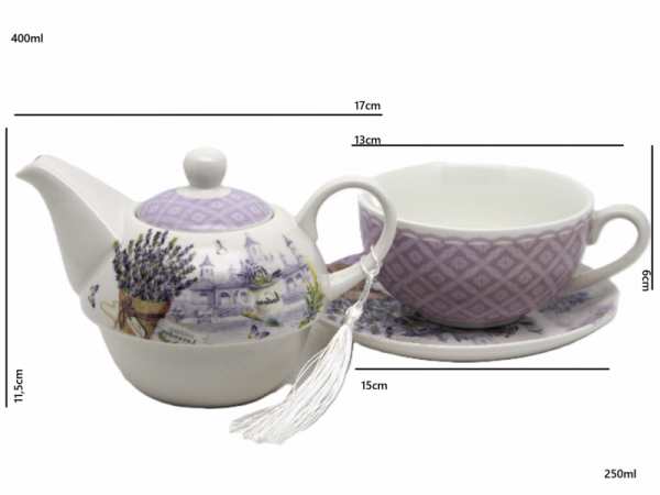 Šálka s podšálkou a čajníkom TEA FOR ONE, dekorovaný, LAVANDA