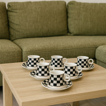 Sada šálok s podšálkami, bielo-čierne, 6 ks v sade