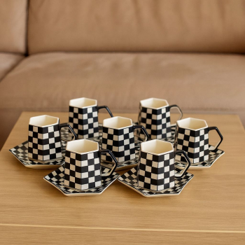 Sada šálok s podšálkami, tmavé, šachovnicový vzor, 6 ks v sade