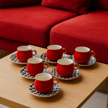 Sada šálok s podšálkami, červené, dekorované, 6 ks v sade