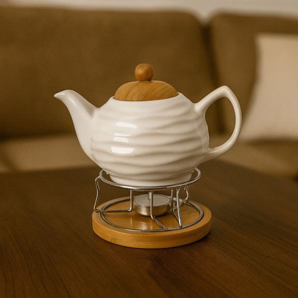 Čajník so zohrievačom, biely