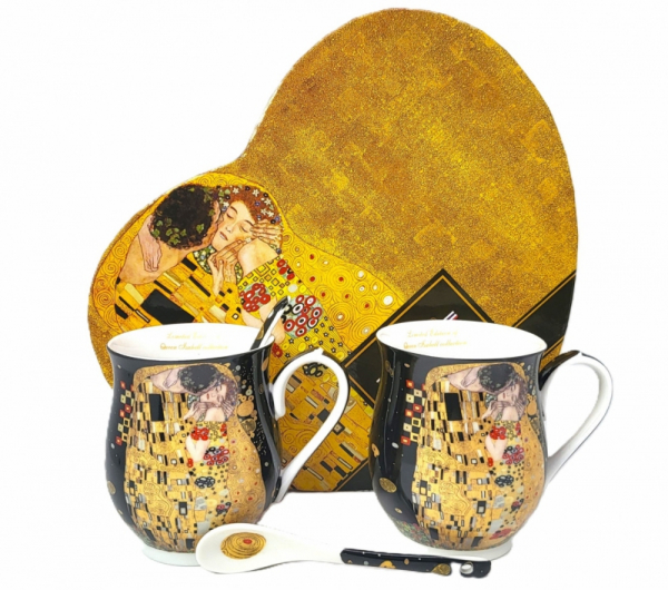 Sada hrnčekov s lyžičkami, G. Klimt, BOZK, tmavohnedé, 2 ks v balení v srdiečkovej krabičke