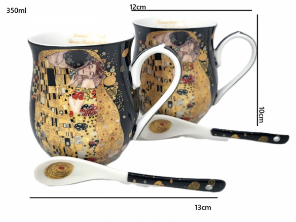 Sada hrnčekov s lyžičkami, G. Klimt, BOZK, tmavohnedé, 2 ks v balení v srdiečkovej krabičke