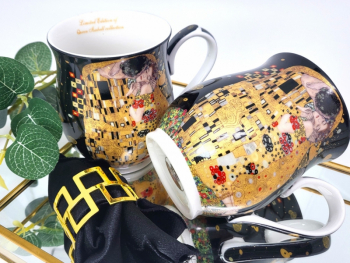 Sada hrnčekov s lyžičkami, G. Klimt, BOZK, tmavohnedé, 2 ks v balení v srdiečkovej krabičke