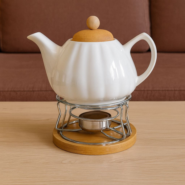Čajník so zohrievačom, biely - hnedý