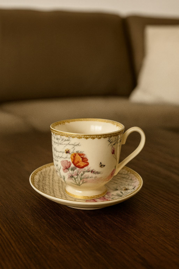 Šálka s 2 podšálkami, svetlá, kvetinová, bez obalu