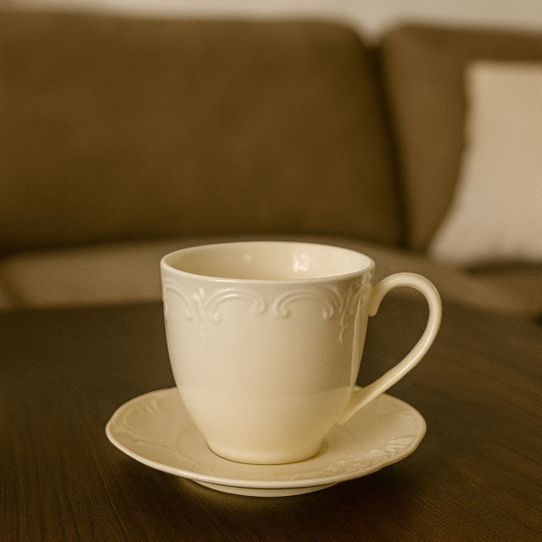 Šálka s podšálkou, biela, kvetinová, bez obalu