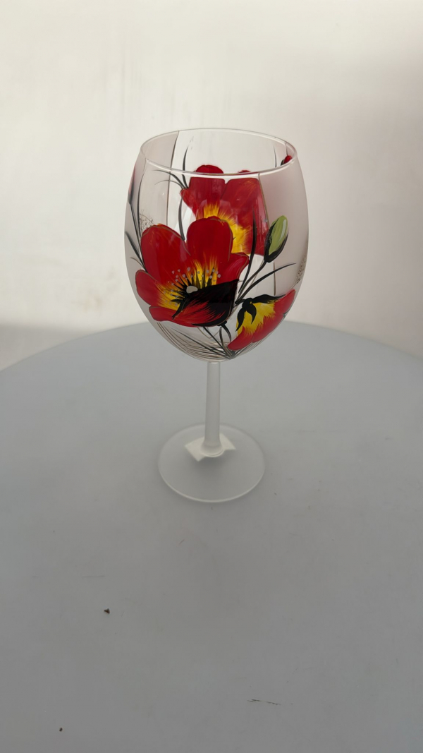 Dekorovaný pohár, sklenený, svetlý, maky, 21,5x7 cm