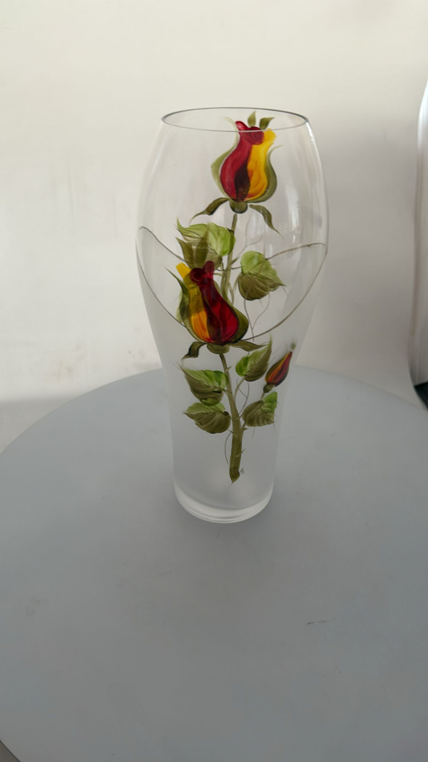 Sklenená váza, svetlá, dekorovaná, kvetinková, 32x9 cm