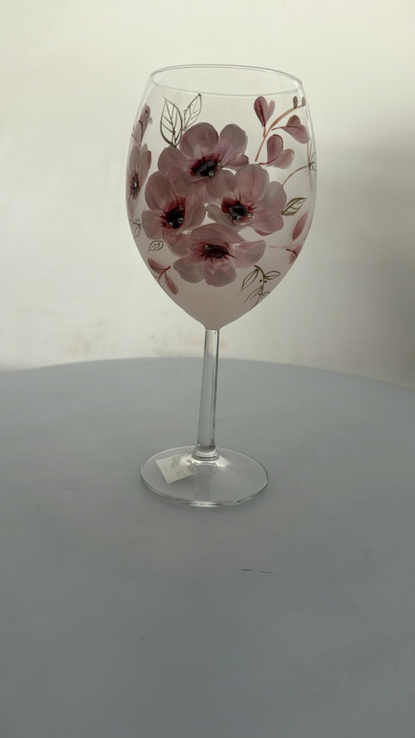 Dekorovaný pohár, sklenený, svetlý, kvetiny, 21,5x7 cm