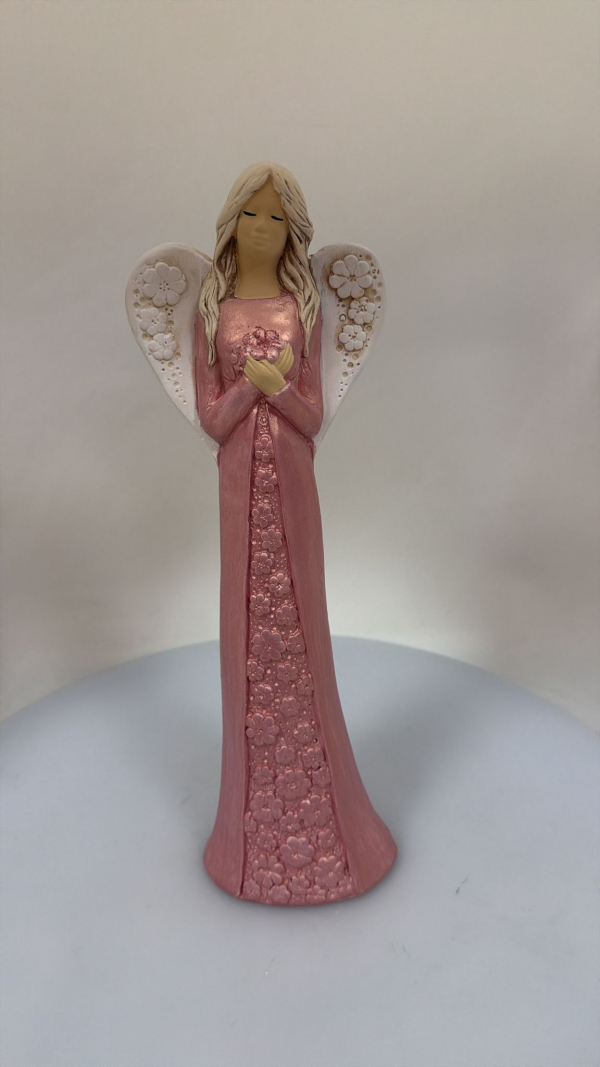Dekoračný anjel sadrový IDA, ružová perleť, 38x12 cm
