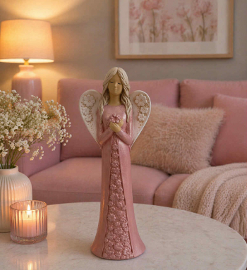 Dekoračný anjel sadrový IDA, ružová perleť, 38x12 cm
