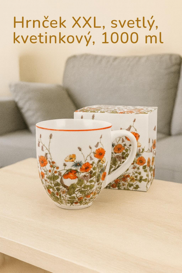 Hrnček XXL, svetlý, kvetinkový, 1000 ml