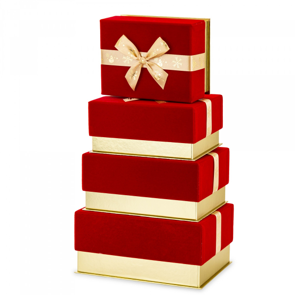 Dekoračná krabička, tvar darčeka, červená, 4 ks v sade