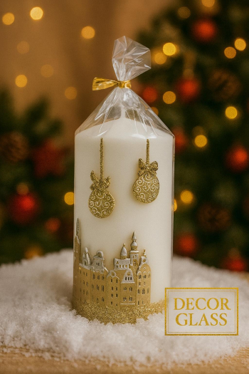 Vianočná dekoračná sviečka, sviatočné mesto, biela, 6x19 cm