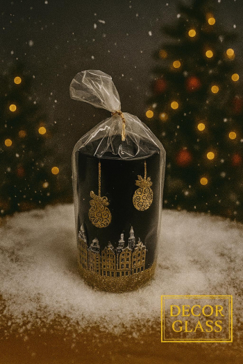 Vianočná dekoračná sviečka, sviatočné mesto, čierna, 6x19 cm