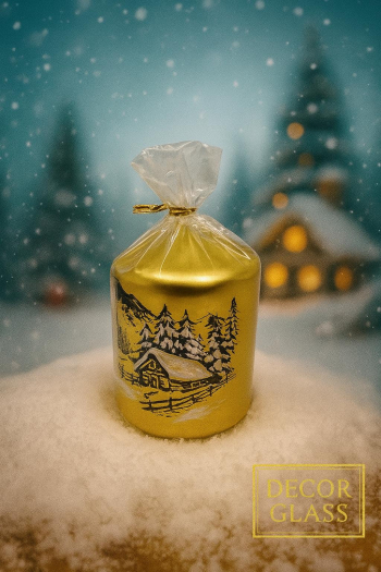 Vianočná dekoračná sviečka, domček v horách, zlatá, 8x9 cm