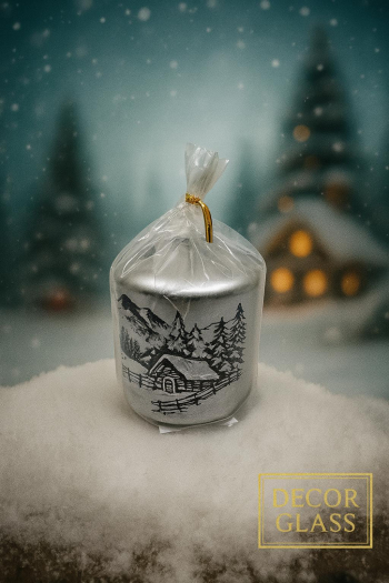 Vianočná dekoračná sviečka, domček v horách, strieborná, 8x9 cm