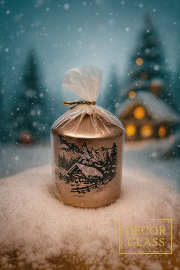 Vianočná dekoračná sviečka, domček v horách, ružový, 8x15 cm