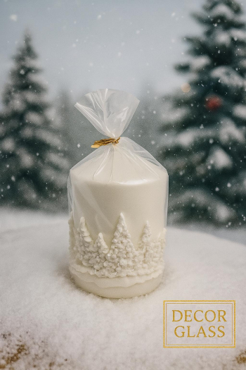 Vianočná dekoračná sviečka, zimný les, biela, 8x15 cm