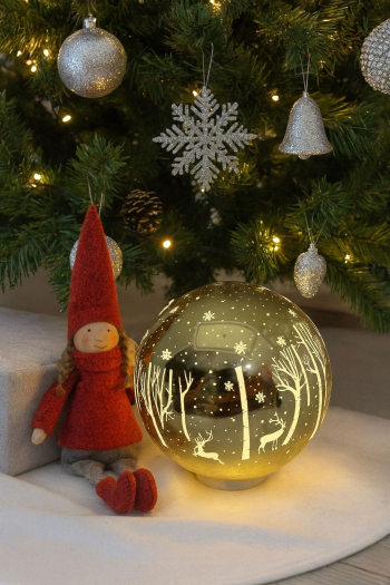 Sklenená svietiaca guľa, zlatá, 12x11x12 cm, LED