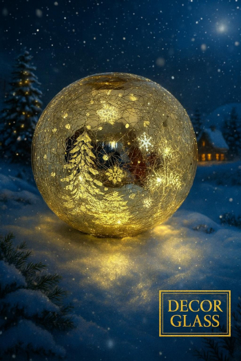 Sklenená vianočná svietiaca dekorovaná guľa, zlatá, 15 cm, LED