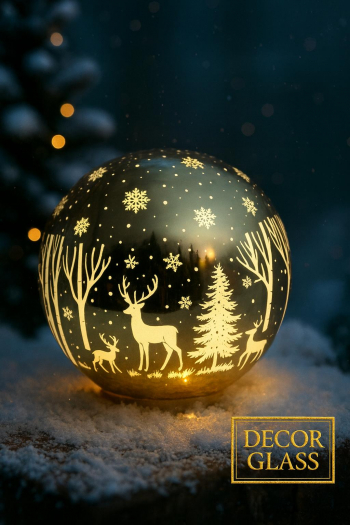 Sklenená svietiaca dekorovaná guľa, strieborná, 12 cm, LED