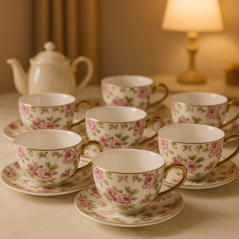 Šálky s podšálkami, kvetinové, 6 ks v balení