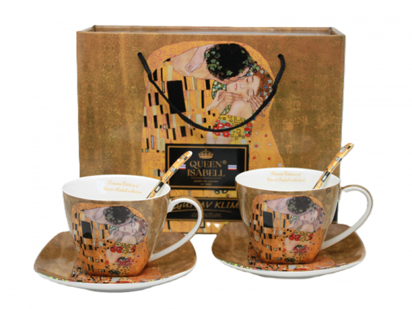 Šálky s podšálkami a lyžičkami, G. Klimt, bozk, 2 ks v balení