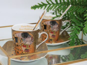 Šálky espresso s podšálkami a lyžičkami, G. Klimt, bozk, 2 ks v balení