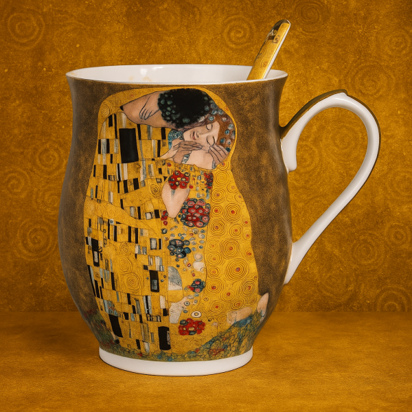 Hrnček, tmavohnedý, G. Klimt, bozk