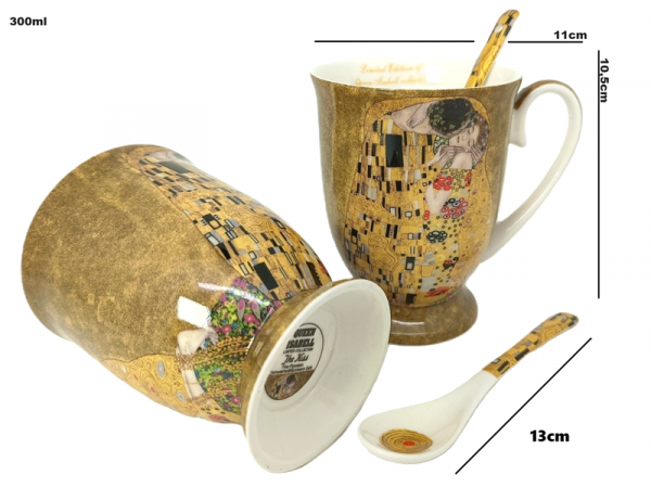 Hrnčeky s lyžičkami, tmavohnedý, G. Klimt, bozk, 2 ks v balení