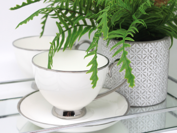 Šálky s podšálkami, svetlé, strieborný lem, 2 ks v balení