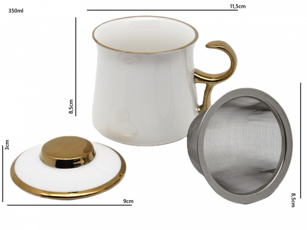 Hrnček so zaparovačom a vrchom, svetlý, zlatý lem, 350 ml