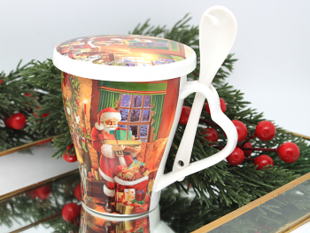 Hrnček s lyžičkou a poklopom, mikuláš, vianočný