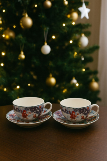 Šálky s podšálkami, vianočný dekor, 150 ml, 2 ks v sade
