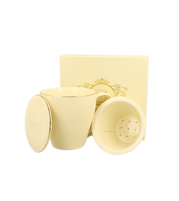 Hrnček ECRU ICE CREAM so sitkom a vrchnákom, so zlatým lemom